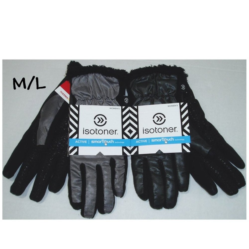 Grey Black M/L 2 pr Isotoner Active Gloves Womens